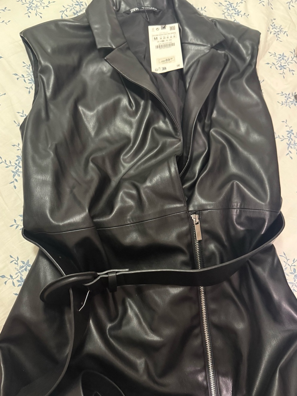 Zara Black Faux Leather Sleeveless Midi Dress with Belt